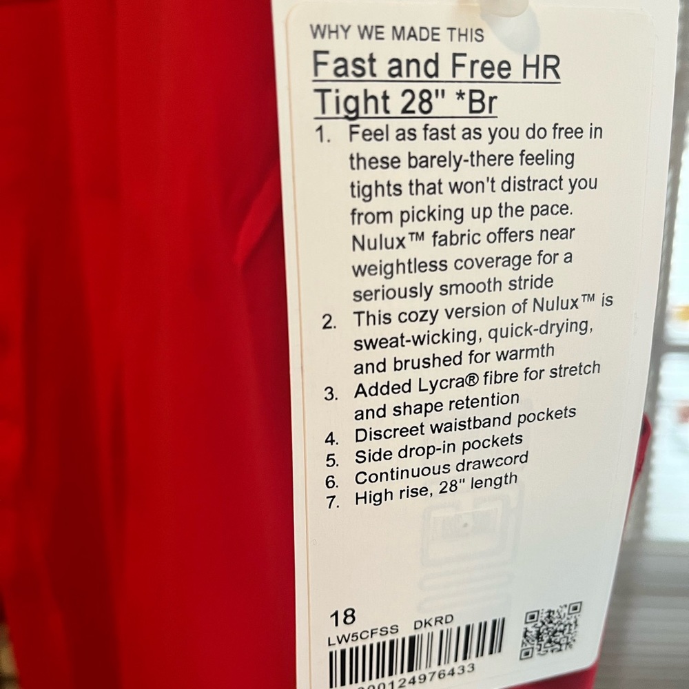 LULULEMON NWT AUTHENTIC FAST FREE WEIGHTLESS NULUX FABRIC RED LEGGINGS - Picture 6 of 16